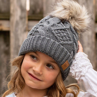 Kids Grey Cable Knit Fleece Lined Hat with Faux Fur Pom Accent