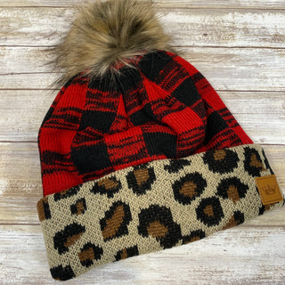 Plaid and Leopard Hat with Fleece Lining and Pom