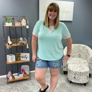 Mint Short Sleeve Tee with Gray Varsity Trim