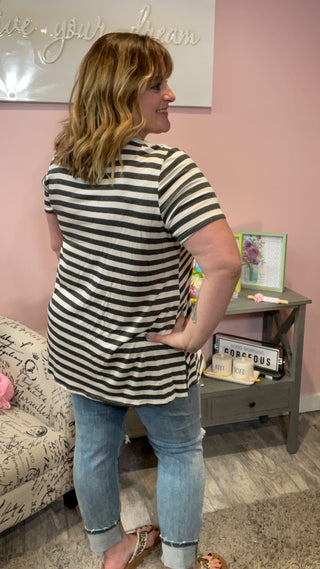 Charcoal Striped Tee with Aqua Details