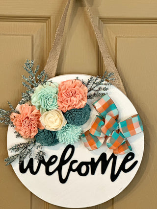 ‘Welcome’ Wood Flower Round - Peach, Mint and Cream