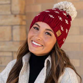 Red Fleeced Lined Knit Hat with Cream Fluer-de-Lis Pattern and Cream Pom