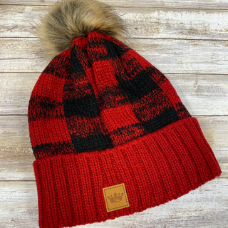 Black and Red Fleece Lined Knit Hat with Pom Accent