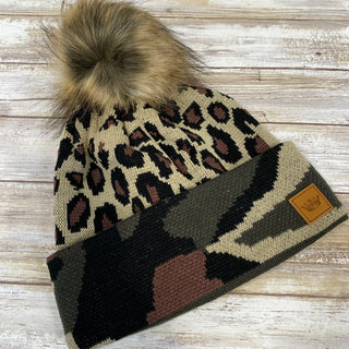 Leopard and Camo Hat with Fleece Lining and Pom