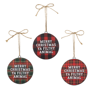 "Merry Christmas Ya Filthy Animal" Plaid Disc Ornament