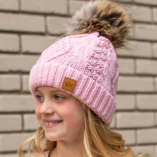 Kids Pink Cable Knit Fleece Lined Hat with Pom Accent