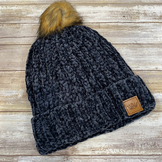 Navy Chenille Fleece Lined Knit Hat with Pom Accent