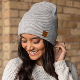 Grey Cuffed Slouchy Fleece Lined Knit Beanie