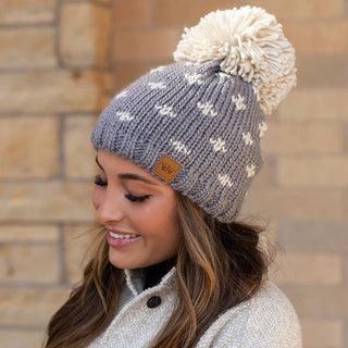 Grey Fleeced Lined Knit Hat with Cream Fluer-de-Lis Pattern and Cream Pom