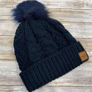 Navy fleece Lined Cable Knit Hat with Pom Accent