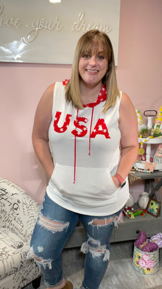 Ivory Sleevless Hoodie with USA Red Stars