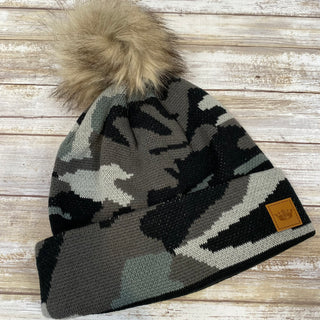 Black and Grey Camo Knit Hat with Pom Accent