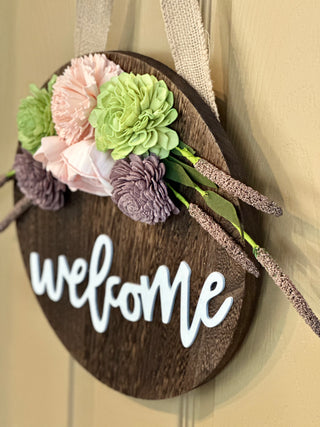 ‘Welcome’ Wood Flower Round - Brown with Purple, Blush and Sage