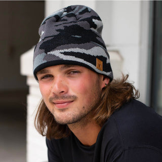 Mens Grey Camo Knit Beanie with Cuff