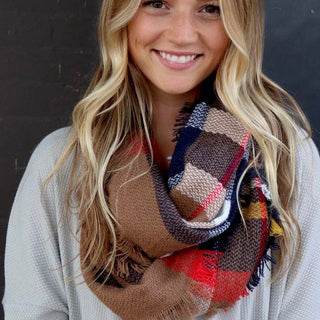 Navy with Orange, Red, Yellow, Tan and Cream Plaid Infinity Scarf