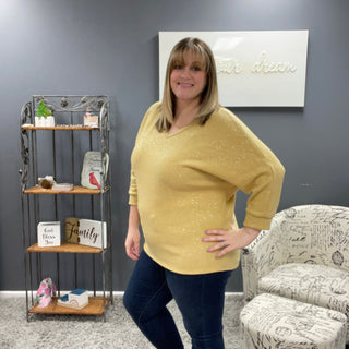 Mustard 3/4 Sleeve Dolman Sparkly Sweater