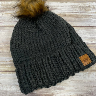 Gray Fleece Lined Knit Hat with Pom Accent