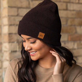 Dark Brown Cuffed Slouchy Fleece Lined Knit Beanie