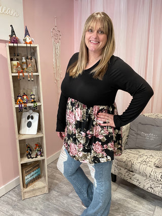 Black and Rose Floral Babydoll Top