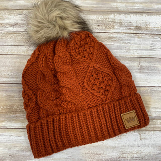 Orange Cable Knit Fleece Lined Hat with Pom