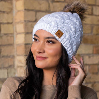 White Cable Fleece Lined Knit Hat with Pom Detail