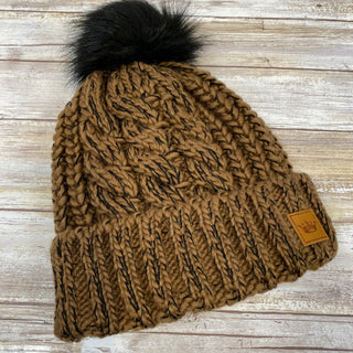 Brown fleece Lined Cable Knit Hat with Pom Accent