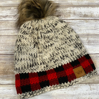 Popular Red Plaid Accent Hat, Fleece Lined with Pom