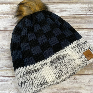 Black and Navy Fleece Lined Knit Hat with Pom Accent