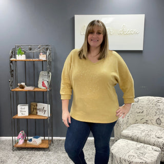 Mustard 3/4 Sleeve Dolman Sparkly Sweater