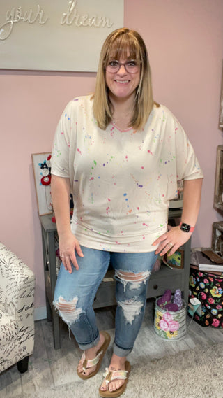 Ivory Dolman Tee with Paint Splatter