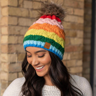 Rainbow Stripe Cable Knit Fleece Lined Hat with Pom Accent