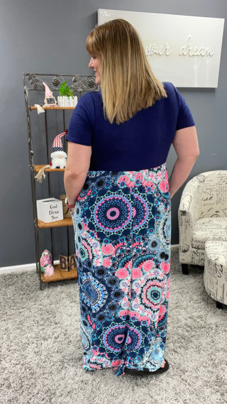 Navy and Neon Medallion Maxi Dress