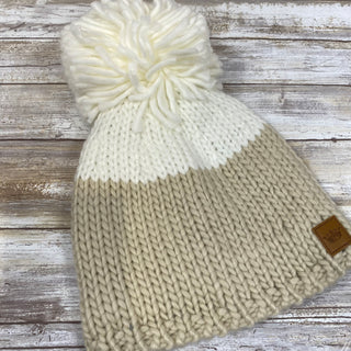 Colored Blocked White and Cream Fleece Lined Cable Knit Hat with Large Pom Accent