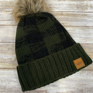 Green and Black Fleece Lined Cable Knit Hat with Large Pom Accent