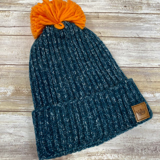 Blue Fleece Lined Knit Hat with Pom Accent