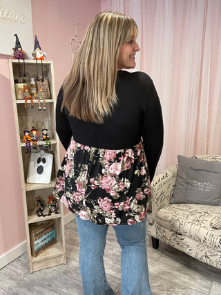 Black and Rose Floral Babydoll Top