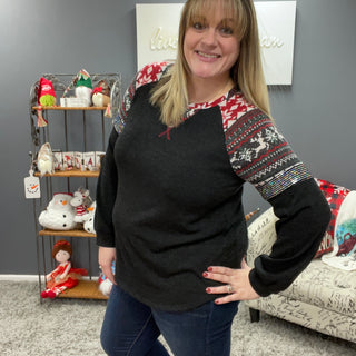 Red and Black Long Sleeve Tee with Reindeer