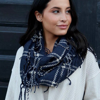 Navy with Cream Infinity Fringe Scarf