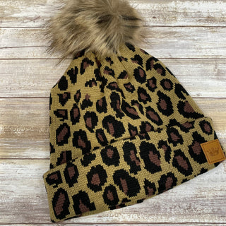 Leopard Knit Hat with Pom Accent