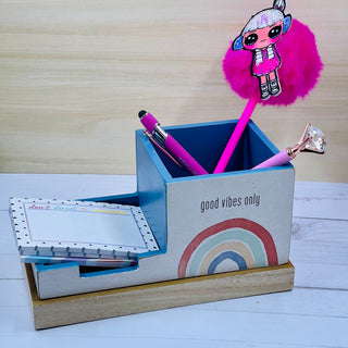 Good Vibes Only Rainbow Wooden Pen and Notepad Holder