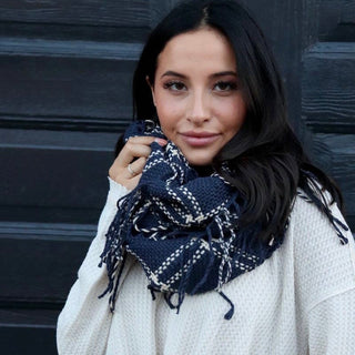 Navy with Cream Infinity Fringe Scarf