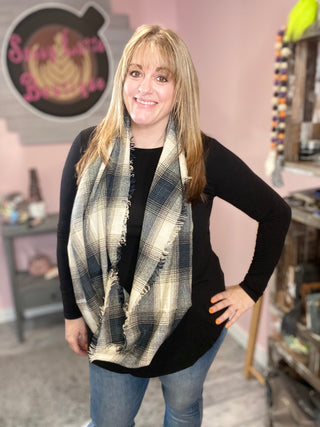 Tan and Grey Plaid Infinity Scarf