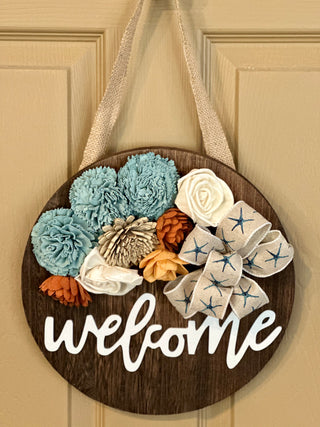 ‘Welcome’ Wood Flower Round - Blue, Rust and Cream