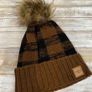 Brown and Black Fleece Lined Cable Knit Hat with Large Pom Accent