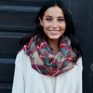 Tan with Red, Green, Yellow and White Plaid Infinity Scarf