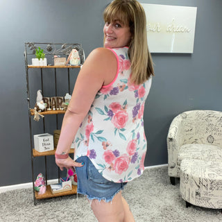 Ivory Sleeveless Floral Tank with Trim