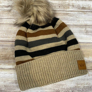 Multi Colored Striped Hat with Fleece Lining and Pom