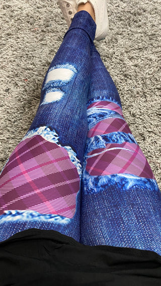 Purple Plaid Patched Leggings