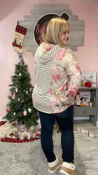 Stripe with Floral Contrast Hoodie