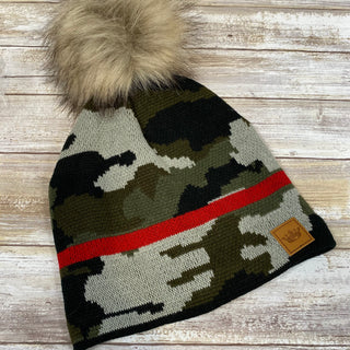 Camo with Red Accent Knit Hat with Pom Accent